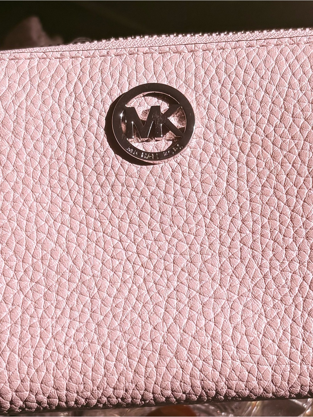 Michael Kors Light Pink Pebbled Leather Zip Wallet with Silver MK Emblem